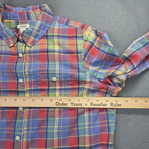 LL Bean Shirt Womens Medium Multicolor Plaid Madras Long Sleeve Preppy Casual - Picture 5 of 8
